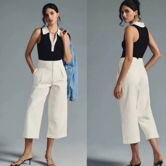 Maeve by Anthropologie Wide Leg Pleated Waist Cropped Jeans Size 12 - Picture 1 of 15